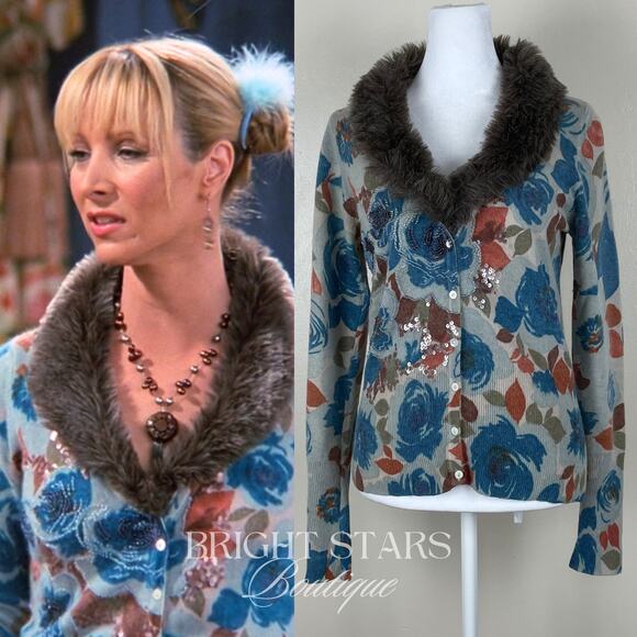 Extremely Rare Faux Fur Trim Cardigan ASO Phoebe Buffay Friends Alt Lorelai - Picture 1 of 12